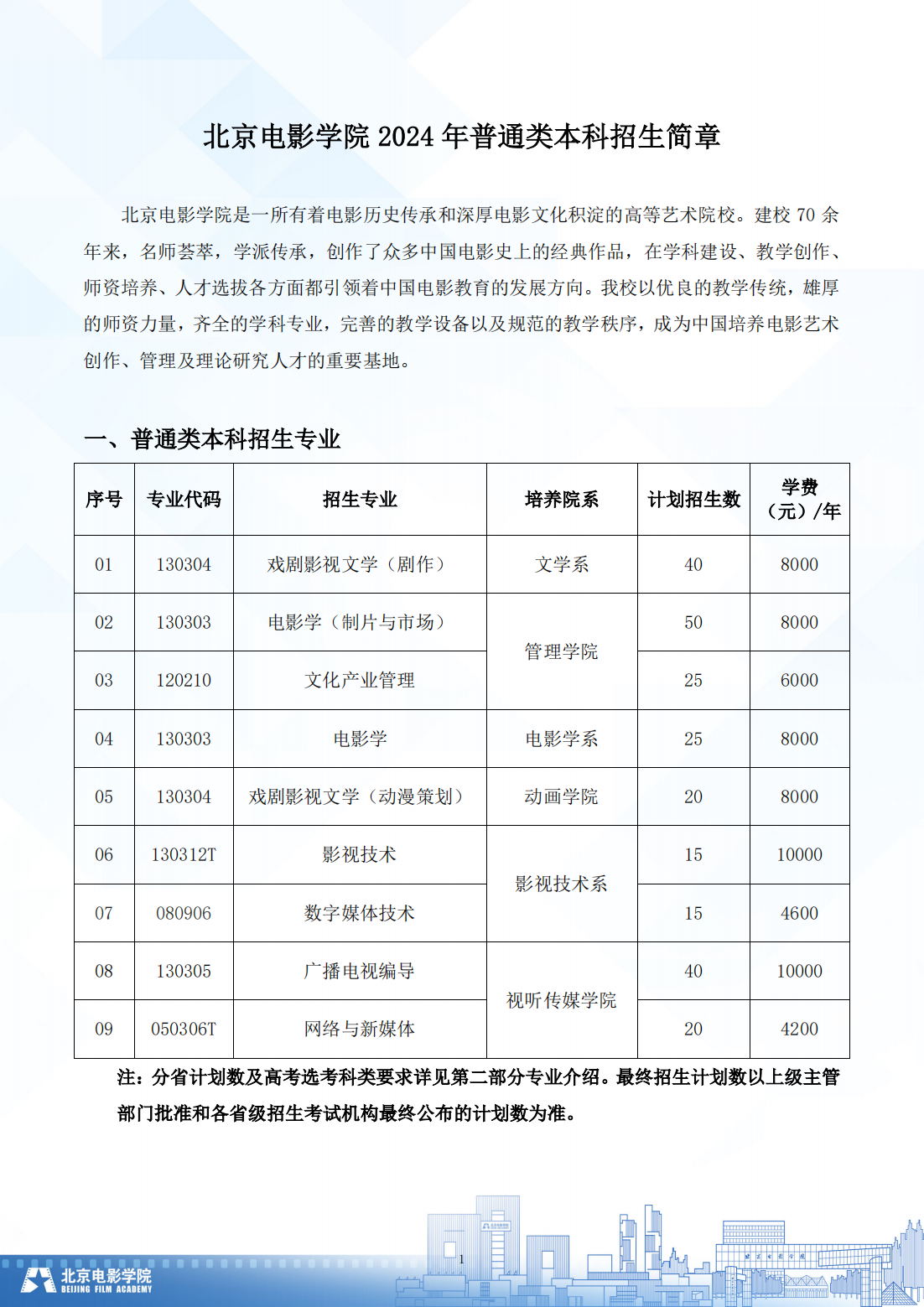 北京电影学院 2024 年普通类本科招生计划